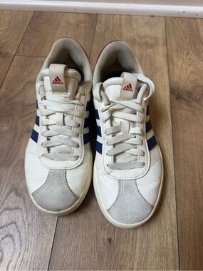 adidas Women’s off white Sneakers with Navy Stripes and Red Logo